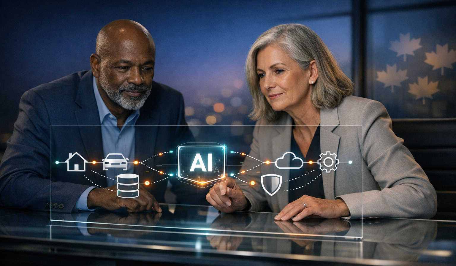 Here’s a polished photorealistic insurance operations scene with the AI claims copilot interface, senior professionals, and the requested teal/orange 