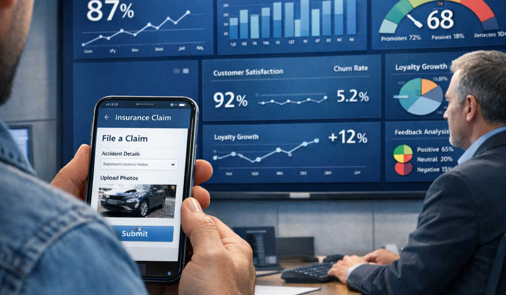 A policyholder submits a digital FNOL claim on a mobile app while a claims leader reviews customer retention, NPS, and claims metrics on a large dashboard in a blue enterprise interface.