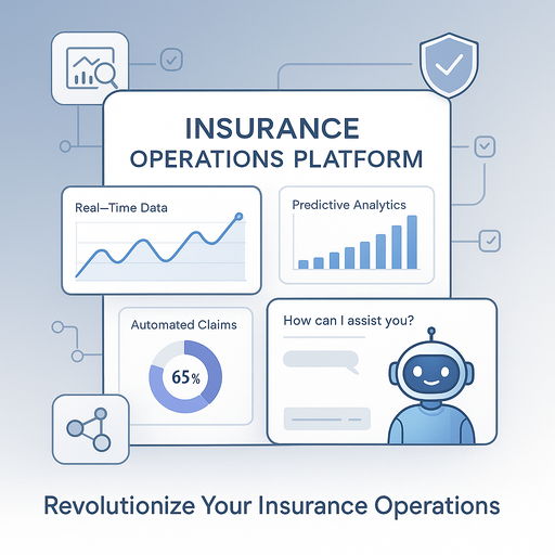 The image depicts a sleek modern digital interface showcasing an insurance operations platform The background features a clean minimalist design with a soft gradient transitioning from blue to white evoking a sense of trust and professionalism In the-1