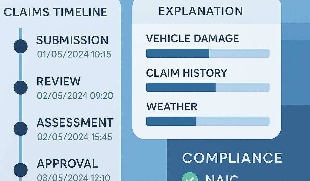 Audit-ready insurance AI interface with event logs, SHAP explanations, and a compliance checklist for NAIC, GDPR, and EIOPA.