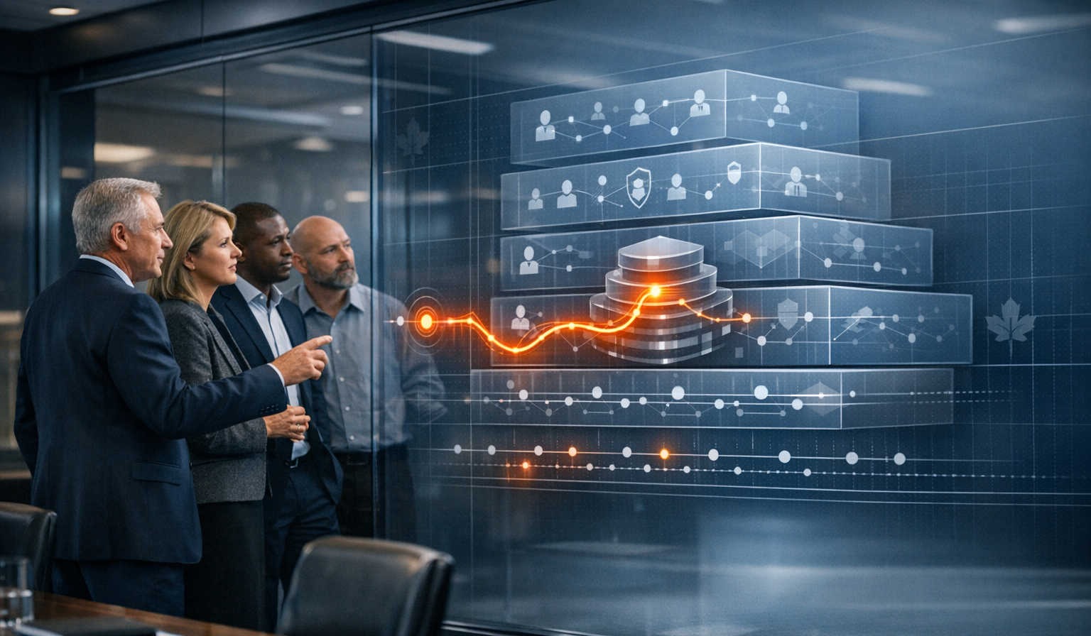 Here’s a photorealistic executive security war room scene with the leadership team on the left, a transparent wall display showing the AI agents and g
