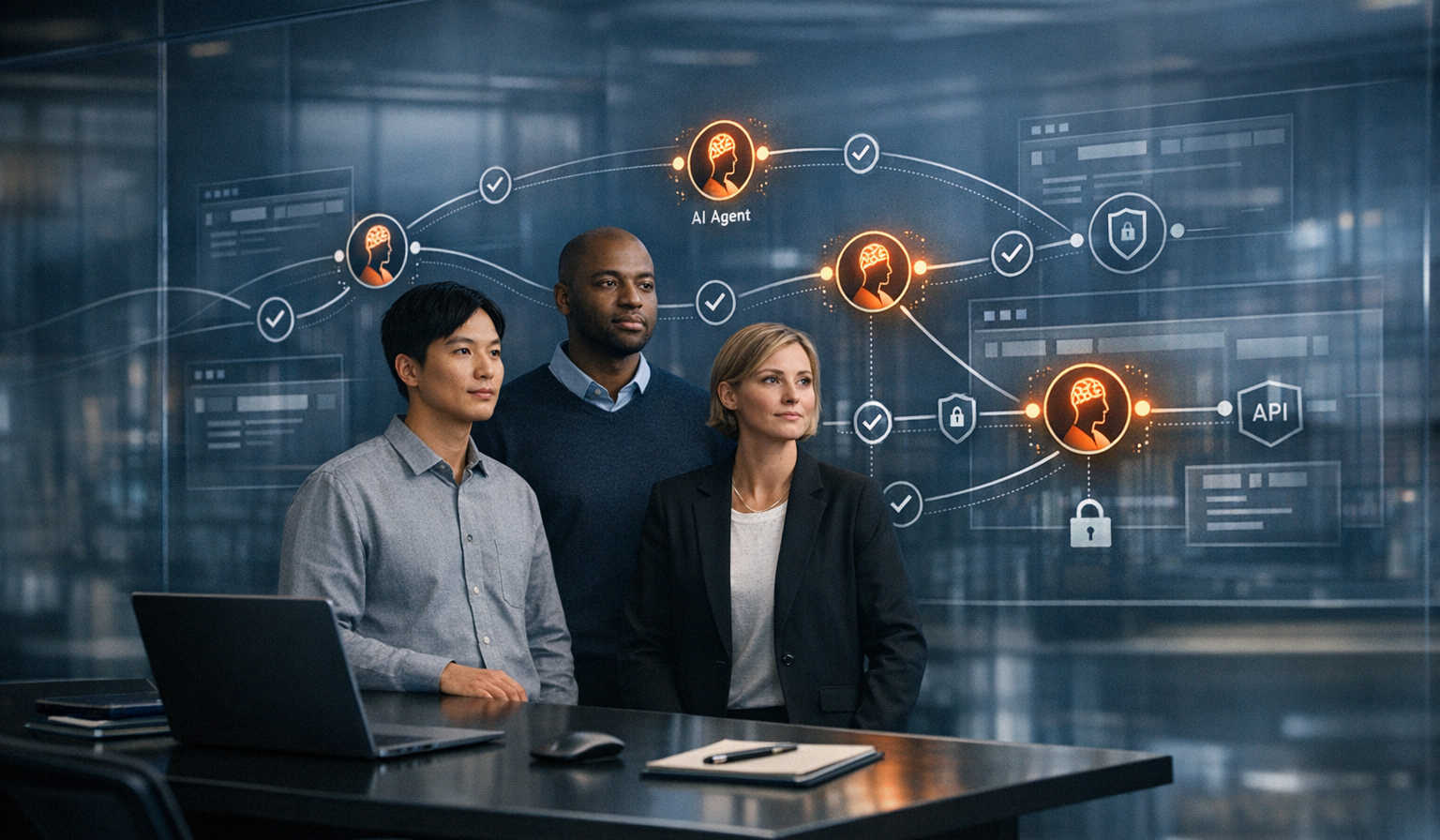 Here’s a photorealistic insurance operations hero image with sleek holographic workflow overlays, compliance icons, and restrained orange AI node acce