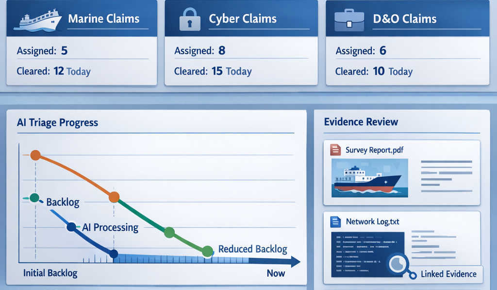 Specialty insurance claims operations dashboard showing Marine, Cyber, and D&O queues with AI-assisted triage shrinking the backlog and KPIs for cycle time and backlog size in a blue enterprise UI.