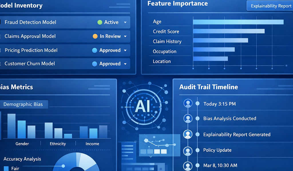 Enterprise analytics dashboard for an insurer showing AI model inventory, feature importance, bias metrics, and audit trail timelines in a blue governance-focused UI.