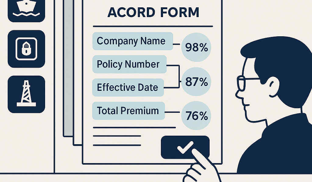 Underwriting workbench with ACORD forms, highlighted extracted fields, confidence scores, and a human reviewer approving entries.