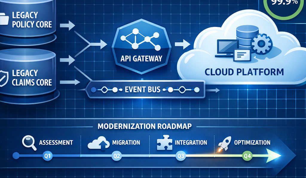 Enterprise architecture illustration showing legacy insurance policy and claims cores running while an API gateway and event bus connect them to a cloud platform, with a progress roadmap and uptime indicator in a modern blue UI.