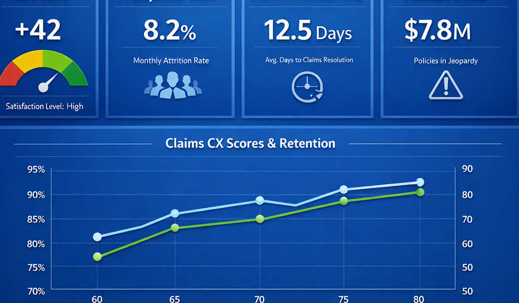 Executive dashboard for an insurer showing NPS, churn, FNOL-to-settlement time, and premium at risk, with a line chart linking claims experience scores to retention in a blue boardroom-style UI.