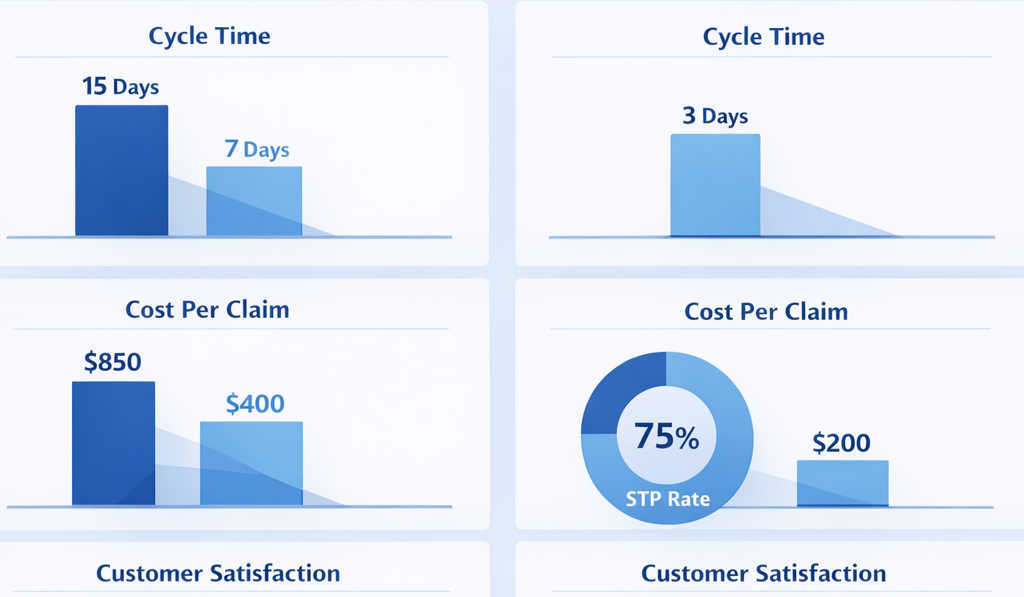 Insurance claims operations dashboard comparing pre-automation vs. automated performance with charts for cycle time, cost per claim, straight-through processing rate, and customer satisfaction in a modern blue enterprise UI.