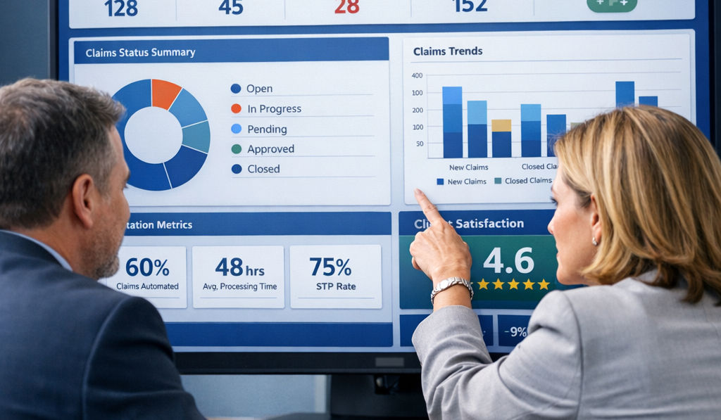 Insurance broker and carrier claims leader reviewing a shared digital claims dashboard showing live claim statuses, automation metrics, and client satisfaction scores in a modern blue interface.