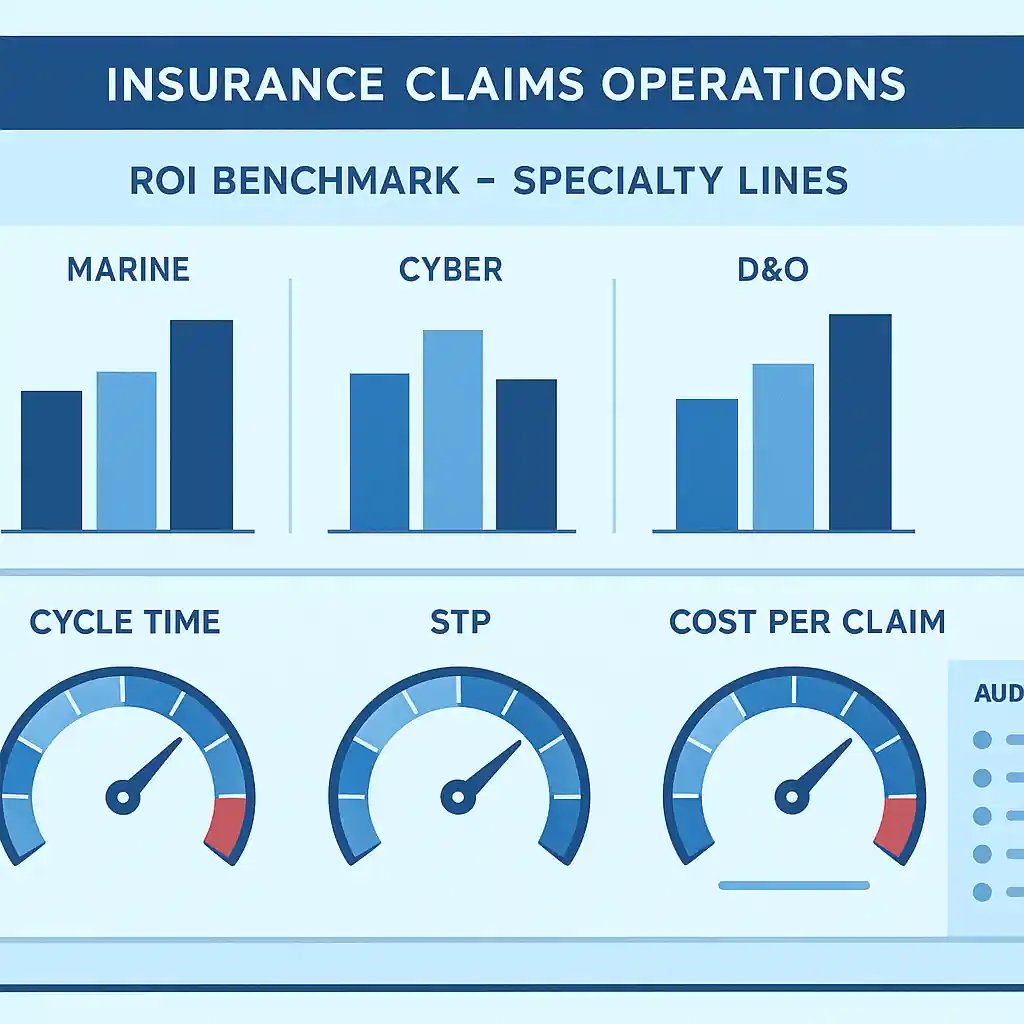 Insurance claims ROI dashboard with gauges for cycle time, STP, and cost per claim across Marine, Cyber, and D&O.