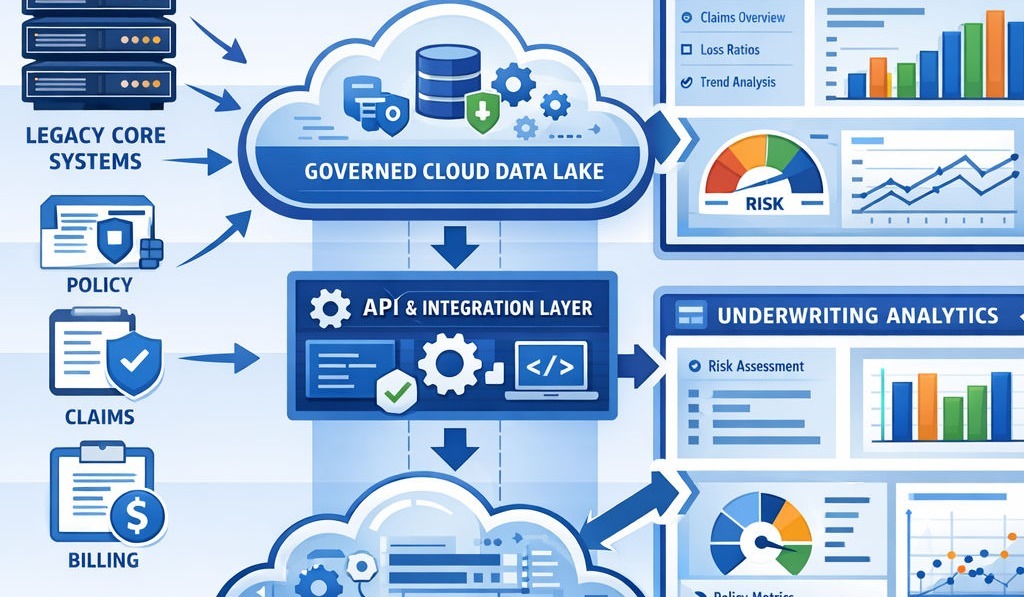 Insurance data platform illustration showing legacy cores feeding a governed cloud data lake and API layer with analytics dashboards for claims and underwriting.