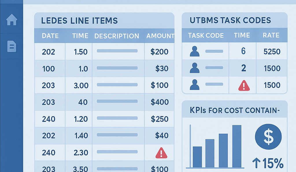 Legal invoice review dashboard for cyber claims showing LEDES line items, UTBMS task codes, AI flags on noncompliant entries, and cost containment KPIs in a clean blue UI.