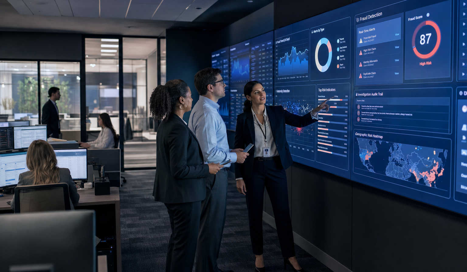 Insurance fraud investigation control room with blue digital dashboards showing AI fraud alerts, graphs, and audit trails as compliance officers and SIU investigators collaborate at large screens.