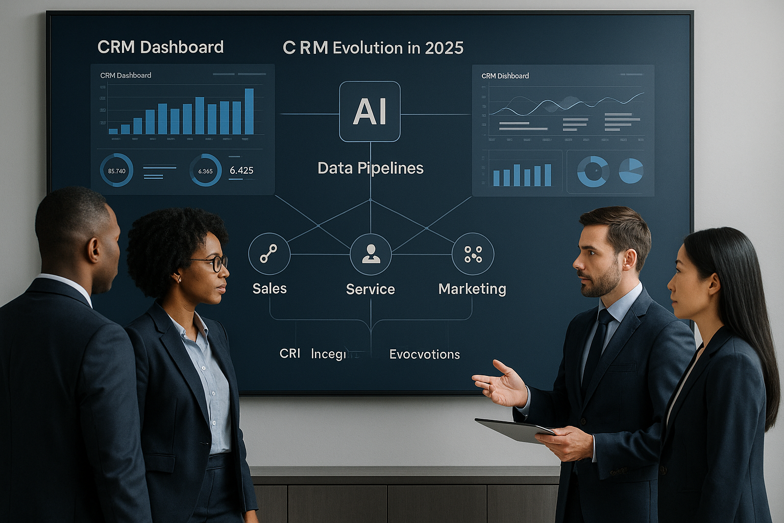 Executives review a wall display of AI-enabled CRM dashboards, data pipelines, and connected sales, service, and marketing systems.