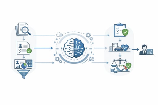 Clean interface diagram showing AI-powered underwriting workflow with document analysis and risk assessment steps