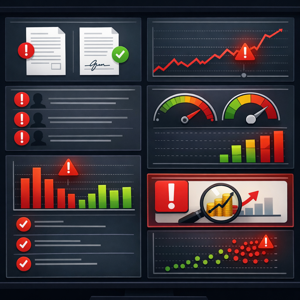 Automated risk flagging dashboard highlighting missing signatures and revenue anomalies before policy binding