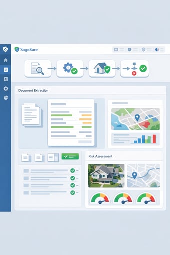 Clean dashboard interface showing SageSure's automated underwriting workflow with document extraction and risk assessment features