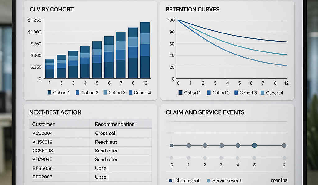 Insurance executive dashboard showing CLV cohorts,