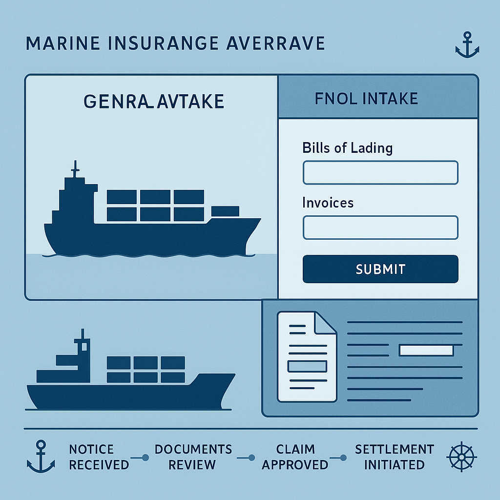 Marine insurance claims dashboard focused on General Average with digital intake, evidence-linked document viewer, and a status timeline.