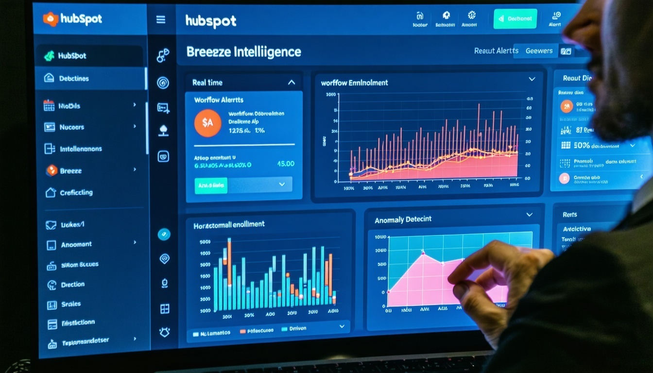 The image depicts a sleek modern digital dashboard showcasing HubSpots Breeze Intelligence features The image depicts a sleek modern digital dashboard showcasing HubSpots Breeze Intelligence features