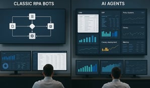 A splitscreen enterprise operations control room Left classic RPA bots executing rigid flowcharts Right AI agents orchestrating dynamic decisions across CRM ERP and policy systems with bluegreen and canary deployment charts and observability metrics