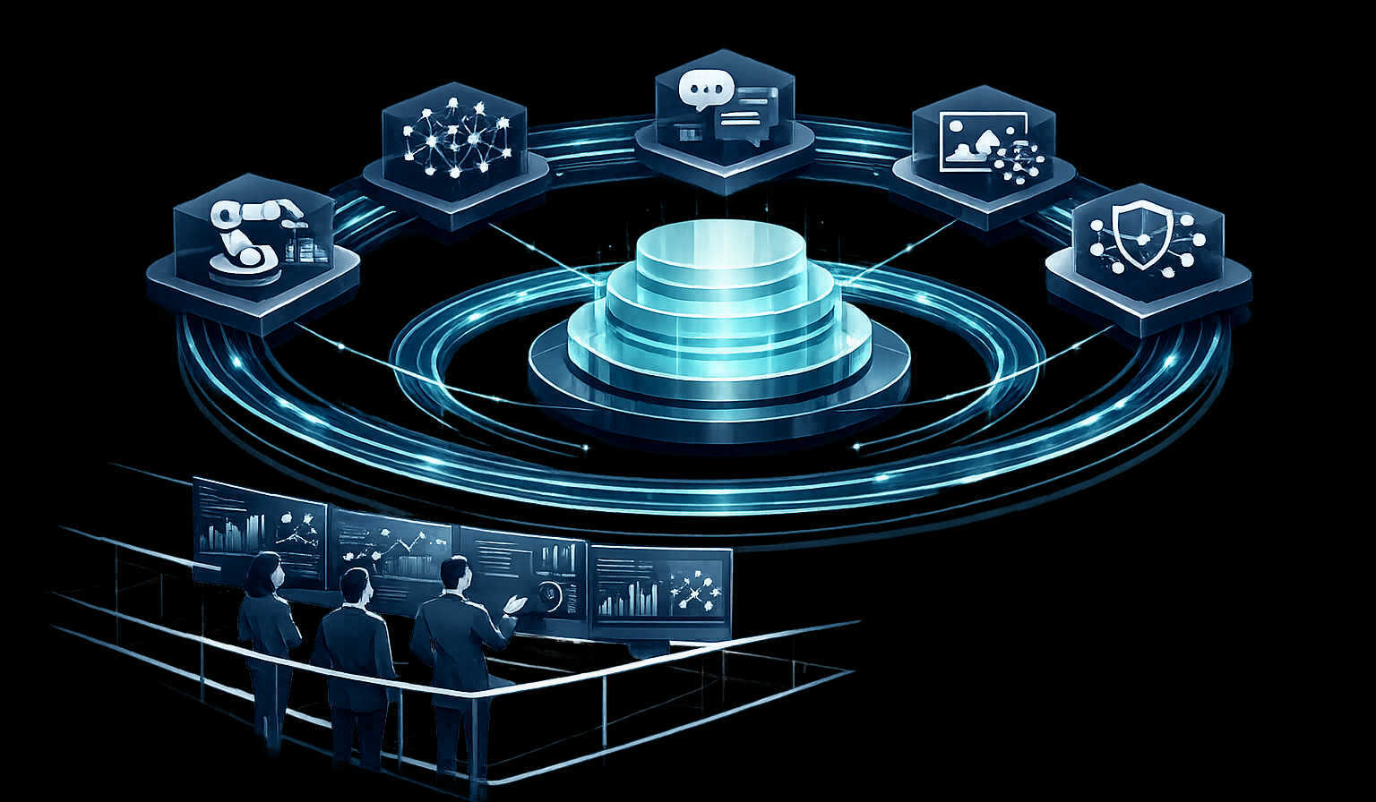 I created a polished isometric enterprise AI orchestration illustration with a luminous central platform, orbiting model modules, a protective data-ri