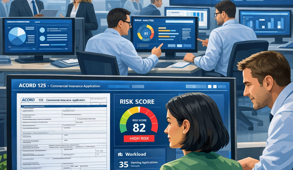 Insurance underwriting floor where underwriters use AI-powered digital workbenches showing ACORD forms, risk scores, and workload metrics on widescreen monitors in a modern blue interface.