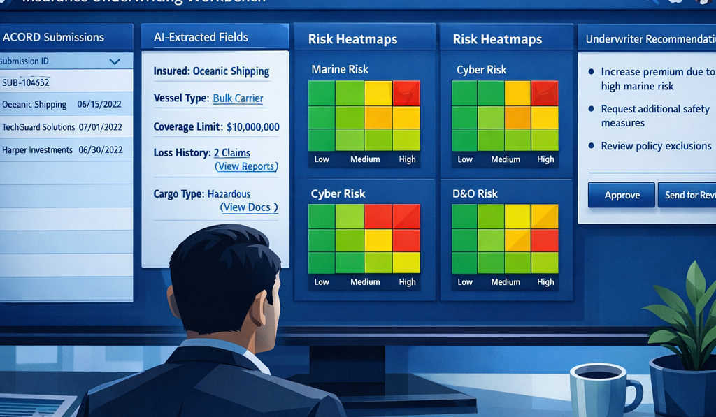 Enterprise illustration of an insurance underwriting workbench on a widescreen monitor showing ACORD submissions, AI-extracted fields with evidence links, risk heatmaps, and an underwriter reviewing recommendations in a modern blue UI.