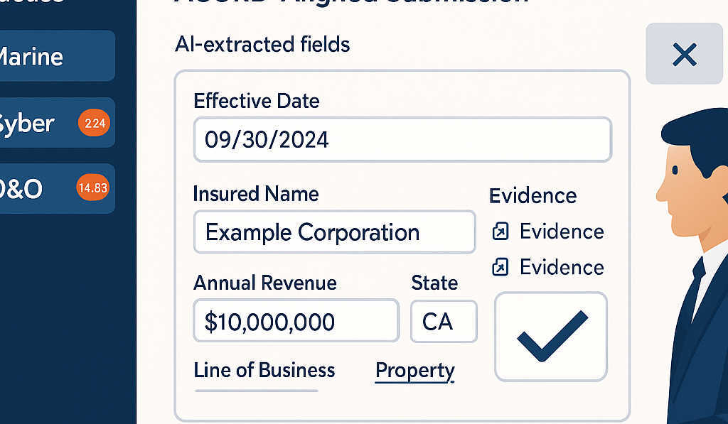 Underwriting workbench triage view with ACORD-aligned submission, AI-extracted fields with evidence links, specialty queues, and SLA timers.