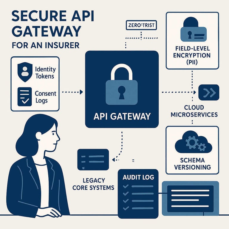 Enterprisestyle illustration of a secure API gateway for an insurer Visualize zerotrust security identity tokens consent logs fieldlevel encryption PI