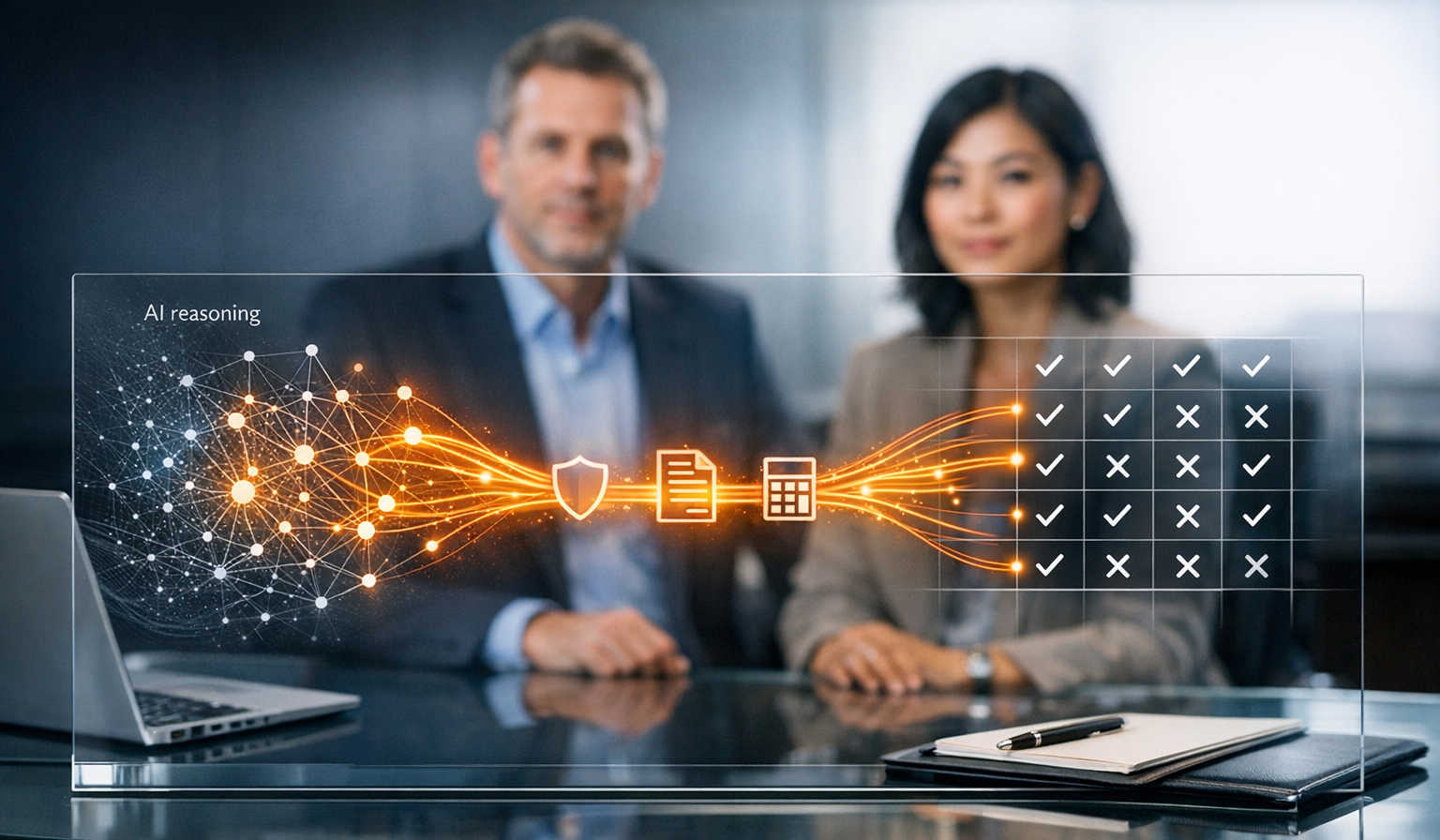 Here’s a polished executive underwriting workspace with the AI reasoning cluster, rules grid, and orange orchestration conduit in a clean, trustworthy