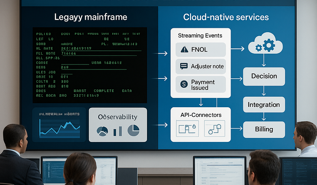 Insurance operations floor showing legacy mainframe transitioning to cloud-native services with streaming events, a decision layer, and observability charts.