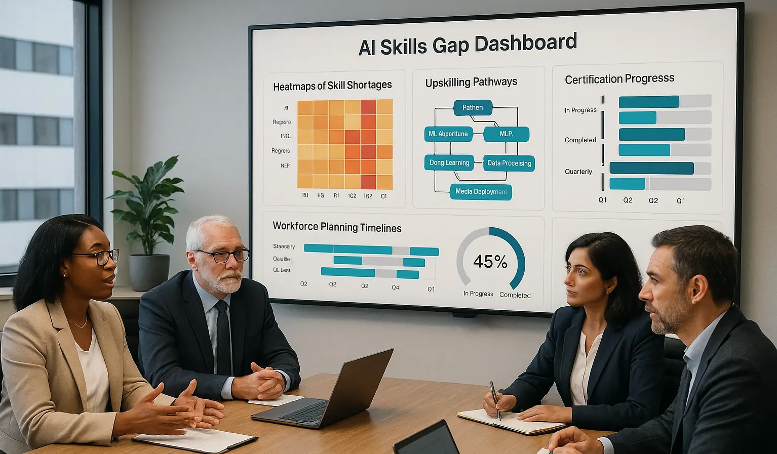 An executive HR and engineering leadership meeting room with a large screen showing an AI skills gap dashboard