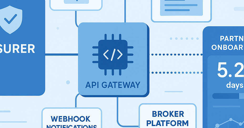 API gateway connecting an insurer to multiple broker platforms with contracts, sandbox, and webhook notifications.