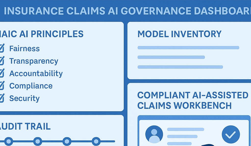 Insurance AI governance dashboard showing NAIC AI principles checklist, model inventory, audit trail timeline, and an AI-assisted claims workbench in a blue enterprise UI.