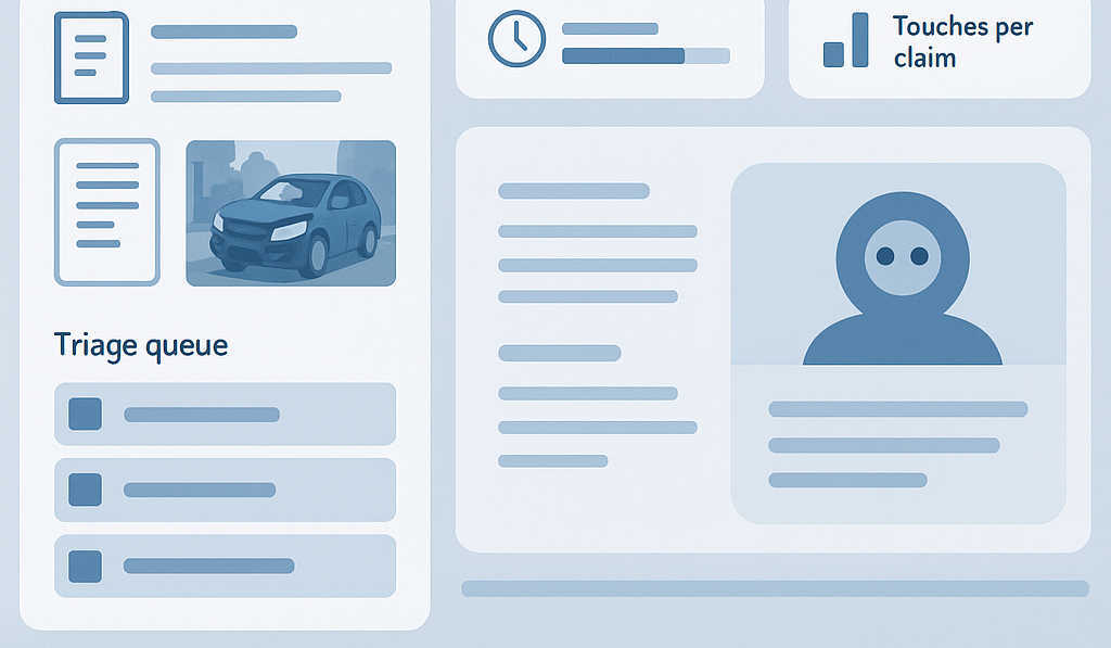Claims adjuster workbench UI with an AI copilot panel, evidence-linked document snippets, photo thumbnails, a triage queue, and KPI cards in a clean blue enterprise design.
