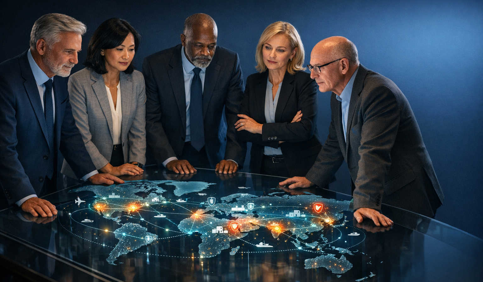Here’s a polished executive war-room visual with a diverse leadership team around a glass table and a holographic global supply-chain map, using teal