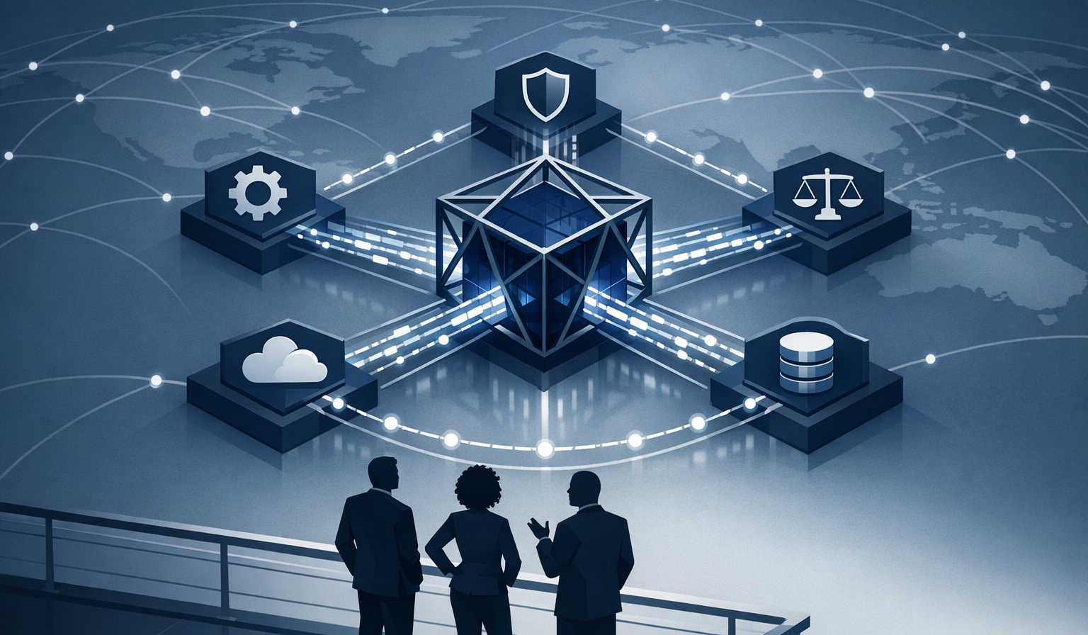 Here’s a polished modern illustration of AI as strategic infrastructure, with a central cube-core, policy-gate modules, governed network flows, and ex
