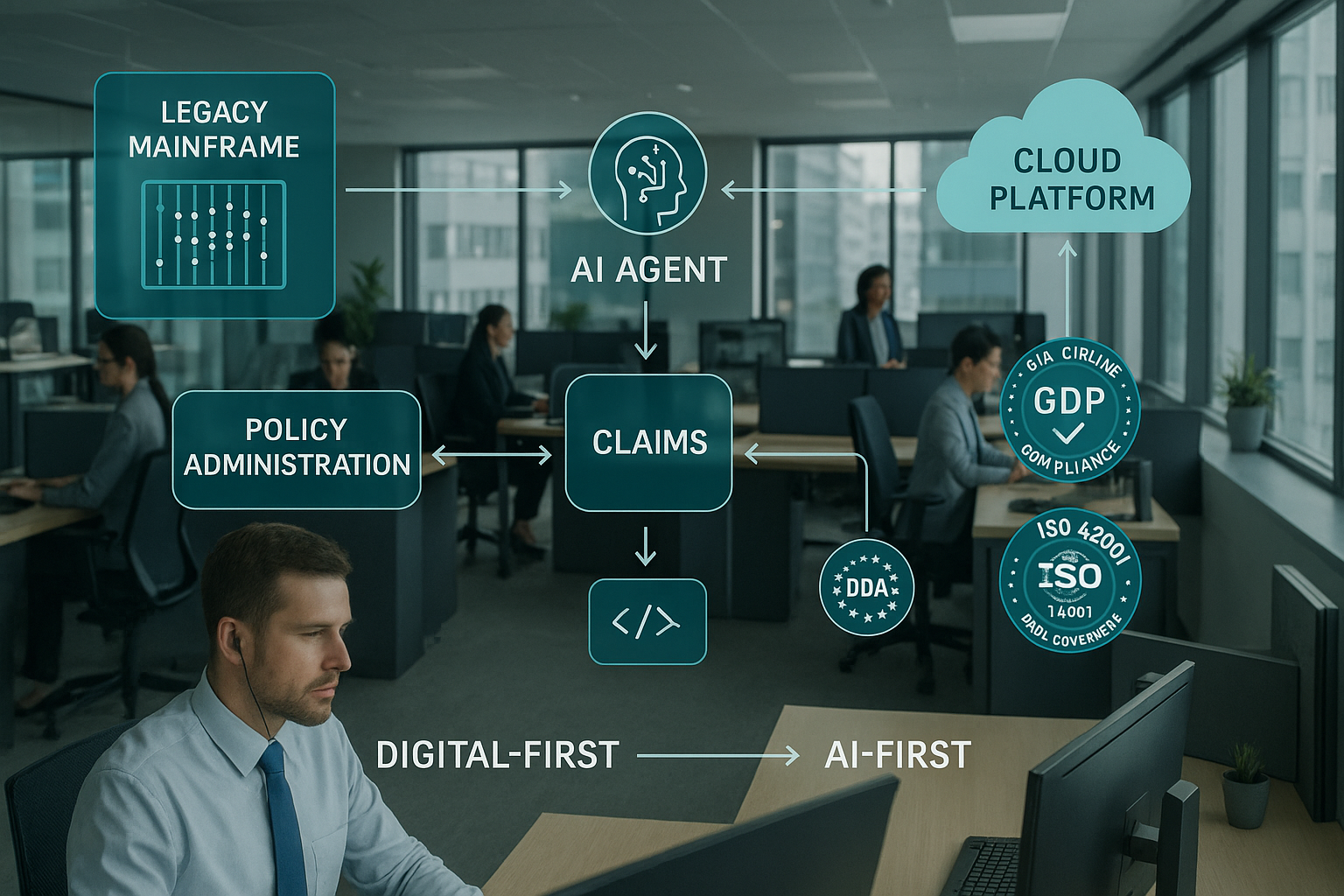 Modern insurance operations floor with overlays linking legacy mainframes to cloud, AI agents orchestrating policy, claims, and CRM, and compliance badges.