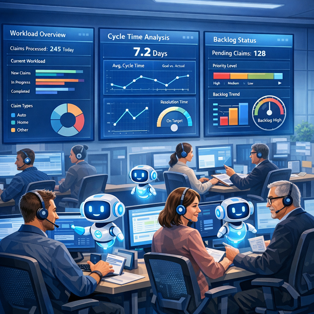 Insurance claims operations floor where human adjusters work alongside AI copilots and digital dashboards showing workload, cycle time, and backlog metrics.