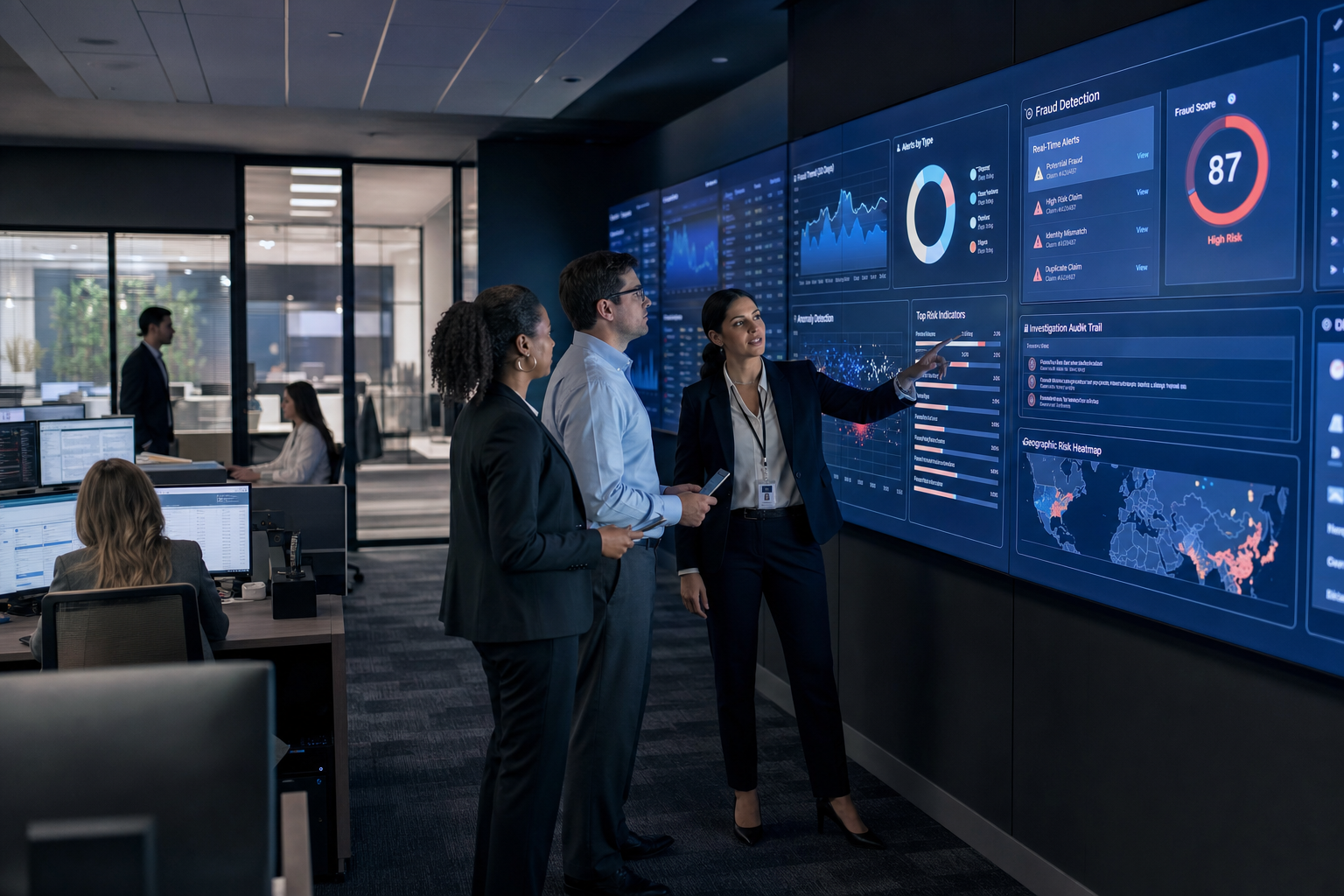 Insurance fraud investigation control room with blue digital dashboards showing AI fraud alerts, graphs, and audit trails as compliance officers and SIU investigators collaborate at large screens.