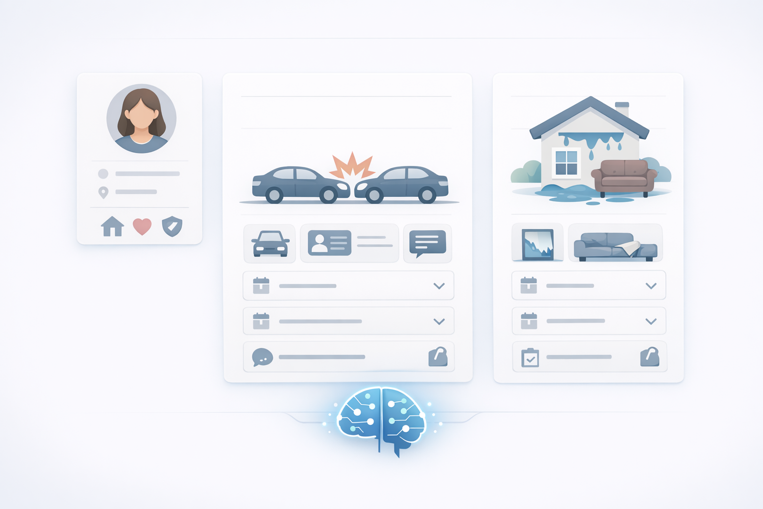 Minimalist interface showing AI-powered personalized FNOL forms adapting to customer profile and claim type
