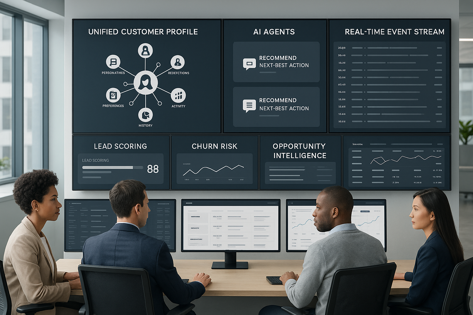 Enterprise CRM command center with unified profiles, real-time streams, and AI agents recommending next-best actions across sales, service, and marketing.