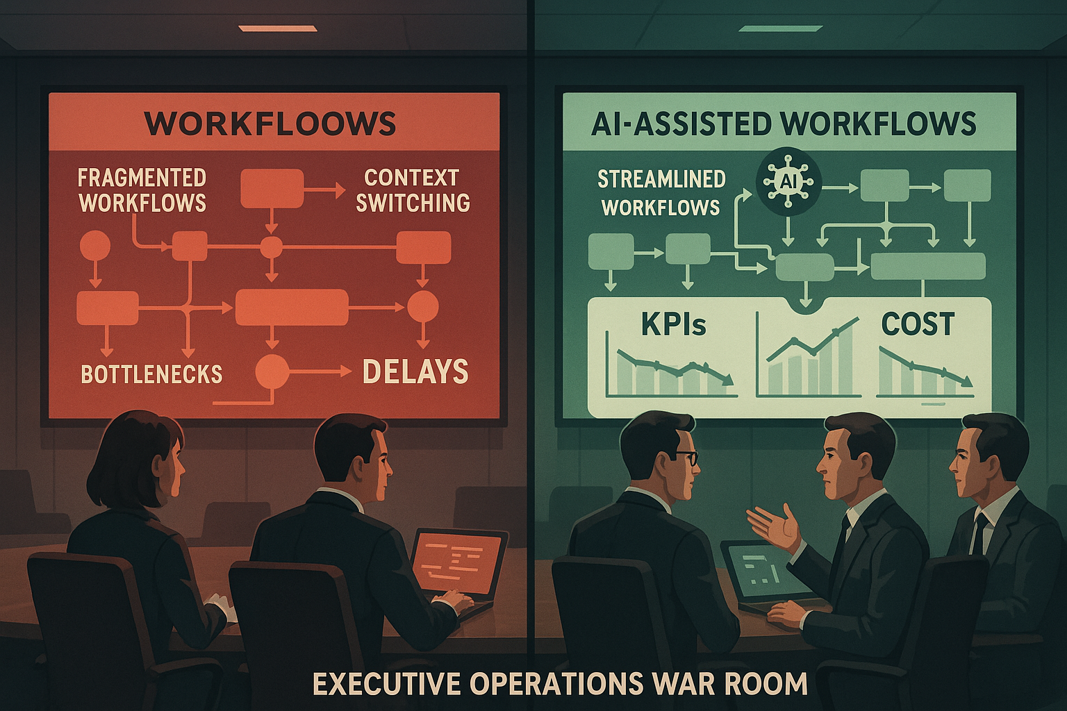 Split-panel enterprise operations room: left side shows fragmented workflows and bottlenecks; right side shows streamlined AI-assisted processes with KPI dashboards.
