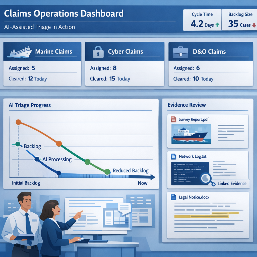 Specialty insurance claims operations dashboard showing Marine, Cyber, and D&O queues with AI-assisted triage shrinking the backlog and KPIs for cycle time and backlog size in a blue enterprise UI.
