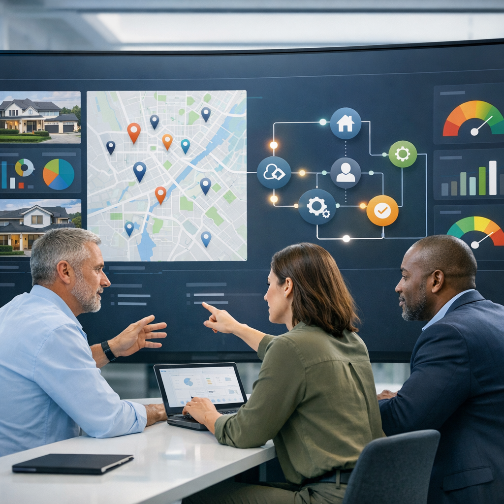 Insurance professionals collaborating with SageSure AI-powered workflow automation platform on clean modern interface