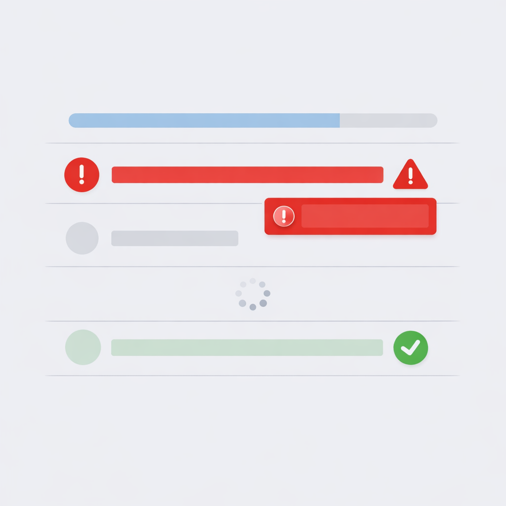 Minimalist processing queue interface highlighting schema validation error message