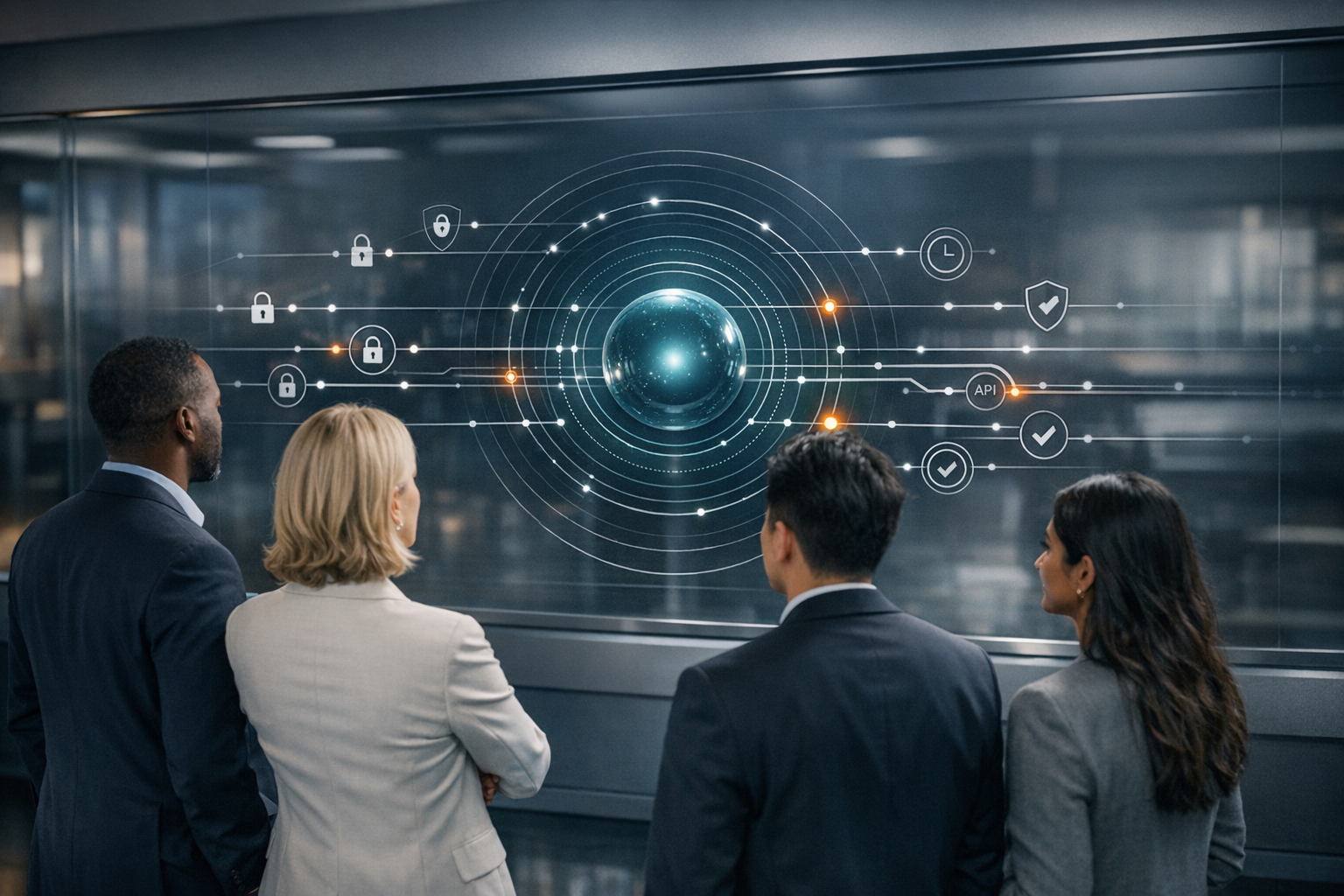 Here’s a polished photorealistic enterprise operations studio scene with the holographic temporal dashboard, inclusive executive team, and the deep te