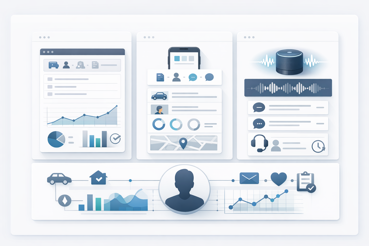 Clean dashboard interface displaying multi-channel FNOL intake across web, mobile, and voice with unified customer data