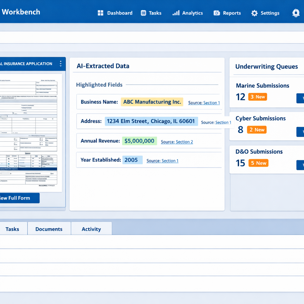 Underwriting workbench UI showing ACORD forms on screen, AI-extracted fields with highlighted evidence links, and queues for Marine, Cyber, and D&O underwriting.